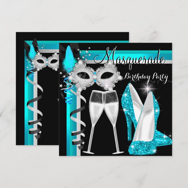Invitation Masquerade Talons Turquoise Noir Champagne Soirée  (Devant / Derrière)
