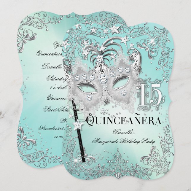 Invitation Masquerade Turquoise Argent pour Quince (Devant / Derrière)