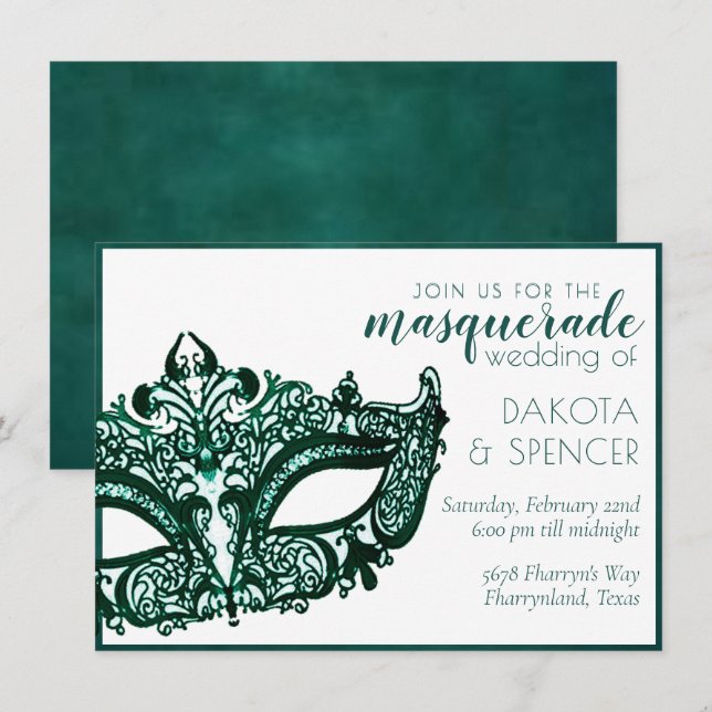 Invitation Masquerade Verte | Mariage de Mardi Gras Émeraude  (Devant / Derrière)