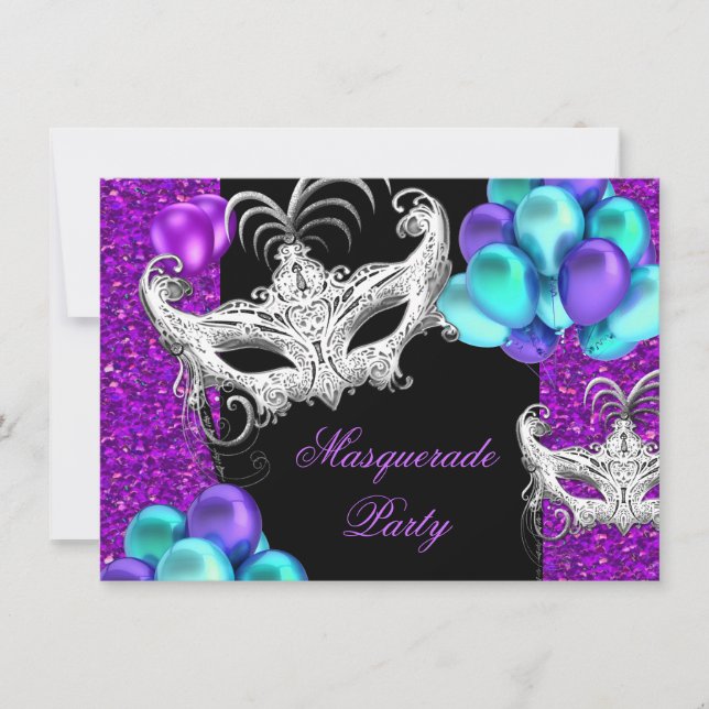 Invitation Masquerade Violet Bleu Turquoise Paillettes Fête (Devant)