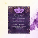 Invitation masquerade violet rose or<br><div class="desc">Pour une mascarade élégante,  fête d'anniversaire de 50ème (ou tout âge). Un motif arrière - plan violet. Décoré avec des étincelles d'or rose et un masque masqué. Personnalisez et ajoutez un nom,  ainsi que les détails du parti. Le nom est écrit avec un script de style manuscrit</div>