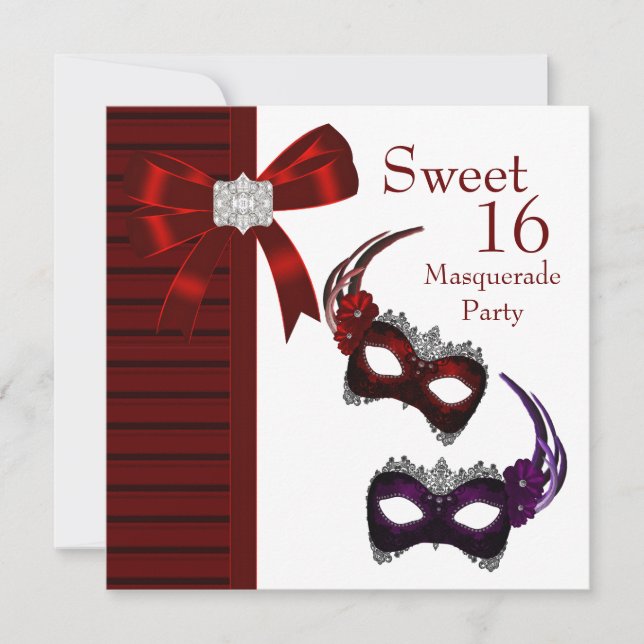 Invitation Masques à plumes rouges Sweet 16 Soirée masquée (Devant)