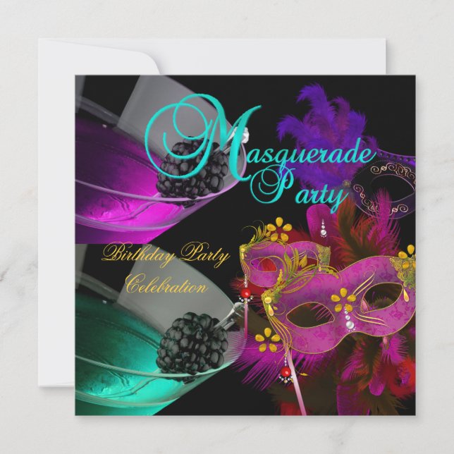 Invitation Masques de fête d'anniversaire sarcelle rose or (Devant)