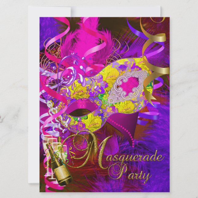 Invitation Masques de Fête Mascarade Champagne Jaune (Devant)