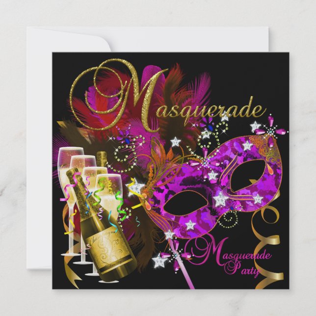 Invitation Masques de fête masquée Noir Or Rose (Devant)