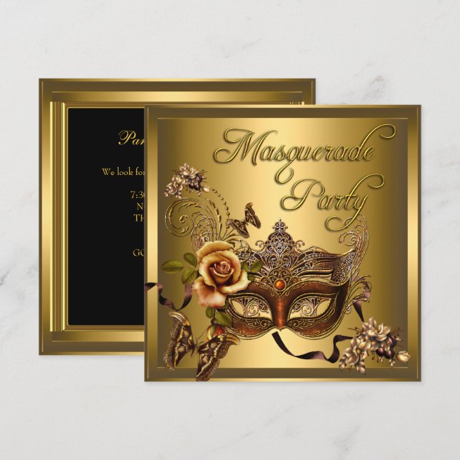 Invitation Masques de fête masquée Or Noir Anniversaire (Devant / Derrière)