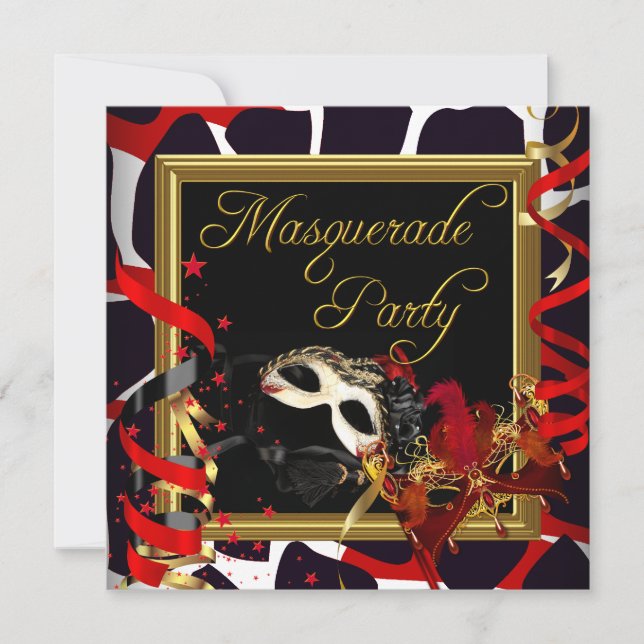 Invitation Masques de fête masquée Or Sauvage Rouge Noir (Devant)