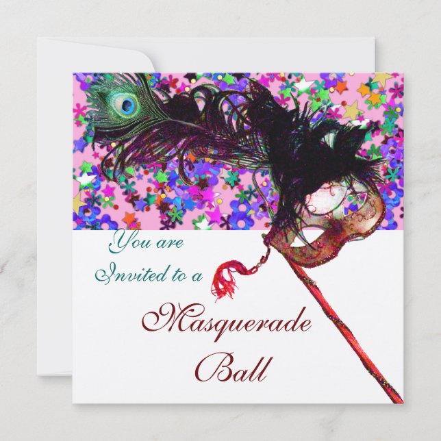 INVITATION MASQUES DE MASQUERADE DU MARDI GRAS,CONFETTIS COLO (Devant)