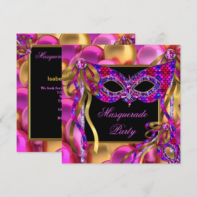 Invitation Masques de masquerade Rose Violet Bleu Anniversair (Devant / Derrière)