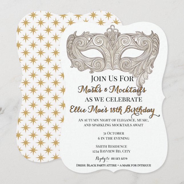 Invitation Masques & Mocktails Gold Masquerade Anniversaire (Devant / Derrière)