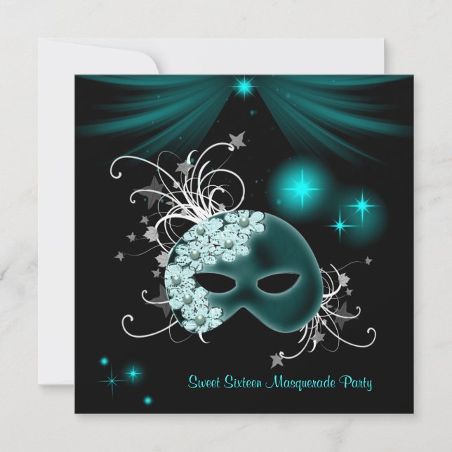 Invitation Masques sarcelle fête Sweet 16 (Devant)