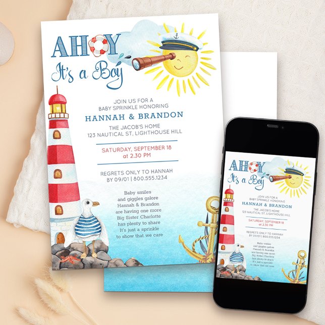 Invitation Matelot c'est un Garçon Cérémonie de Bébé Marin Mi (Nautical Boy Baby Sprinkle invitation - message me to create additional templates
)