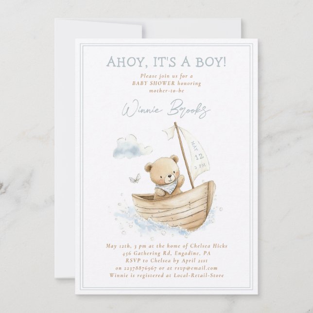Invitation Matelot! C'est un garçon! Ours marin bébé Shower (Devant)