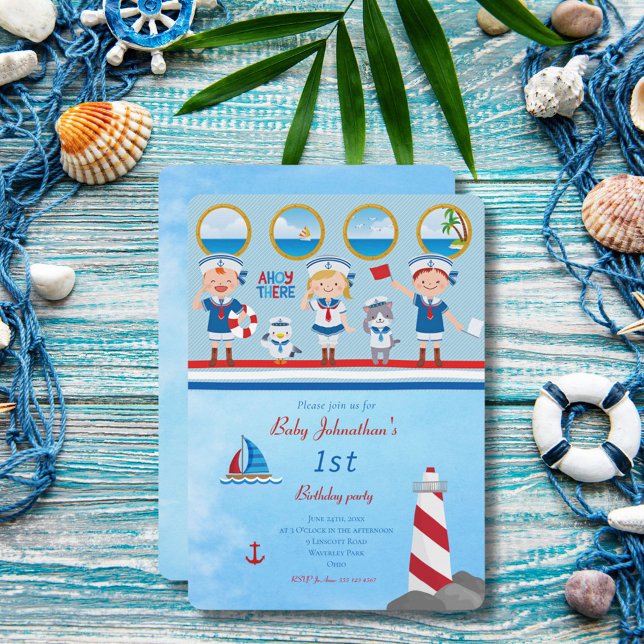Invitation Matelots Phare Bateau Rouge Bleu Blanc Ohé (Créateur téléchargé)