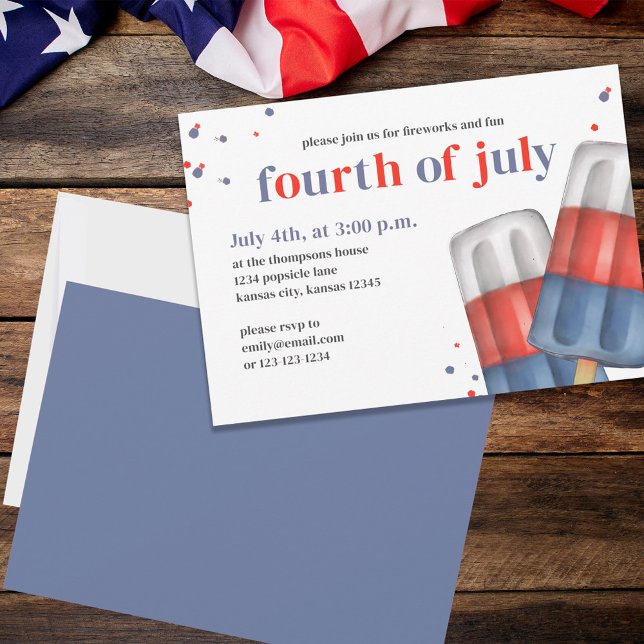 Invitation Matin 4 juillet Parti populaire (Fourth of July party invitation with red, white, and blue popsicles. )