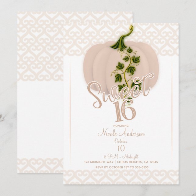 Invitation Matte rose Citrouille Sweet 16 Coeurs Anniversaire (Devant / Derrière)