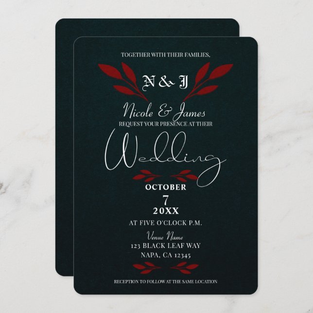 Invitation Matte Rouge Feuille Noir moderne Glam Mariage goth (Devant / Derrière)
