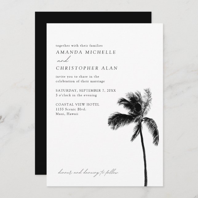 Invitation Maui Mariage Moderne Hawaii Noir & Blanc Élégant (Devant / Derrière)
