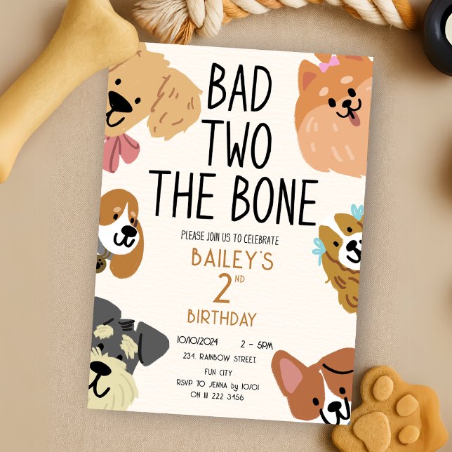 Invitation Mauvais Deux Chien Chien Chien Os Anniversaire (Bad Two The Bone Puppy Dog Birthday Invitation)