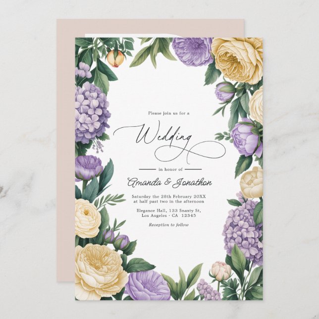 Invitation Mauve and Buttercream Watercolor Floral Wedding (Devant / Derrière)
