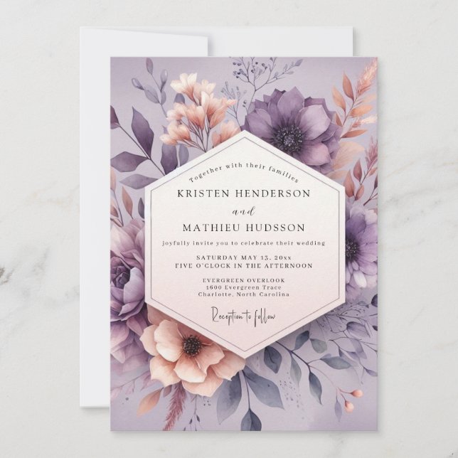 Invitation Mauve Aquarelle Bloom Wedding (Devant)