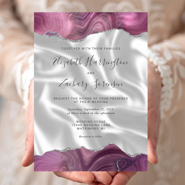 Invitation Mauve Argent Agate Mariage de soie blanche (Créateur téléchargé)