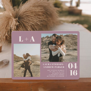 Invitation Mauve bold minimaliste initiales 2 photos mariage