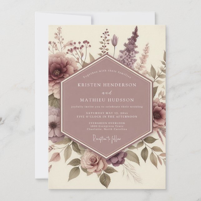 Invitation Mauve Botanical Whimsical Wedding (Devant)