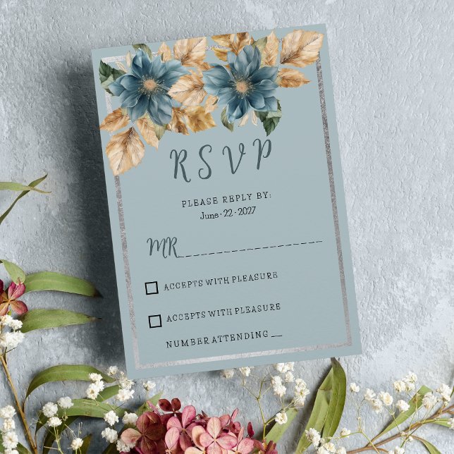 Invitation Mauve botanique bleu brun argent floral RSVP (Botanic mauve blue brown silver floral RSVP)