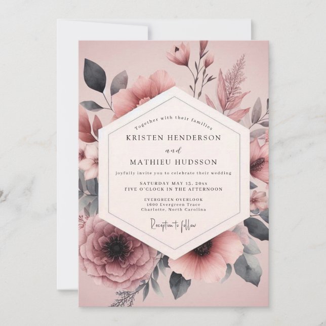 Invitation Mauve Charcoal Flora Wedding (Devant)