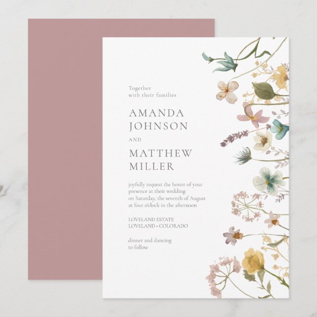 Invitation Mauve Chic Ressort délicat Mariage floral pressé (Devant / Derrière)