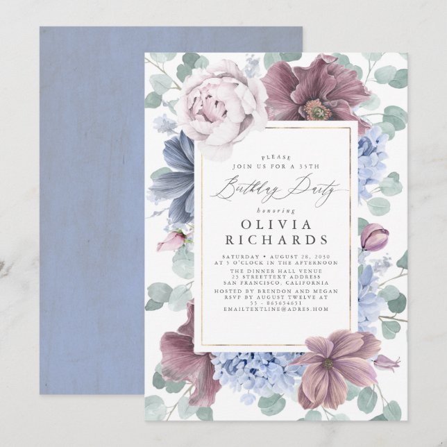 Invitation Mauve Dusty Blue Floral Élégant Anniversaire Moder (Devant / Derrière)