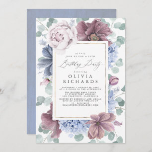 Invitation Mauve Dusty Blue Floral Élégant Anniversaire Moder