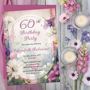 Invitation Mauve Élégant   Fleurs pour une fête de 60 ans mul