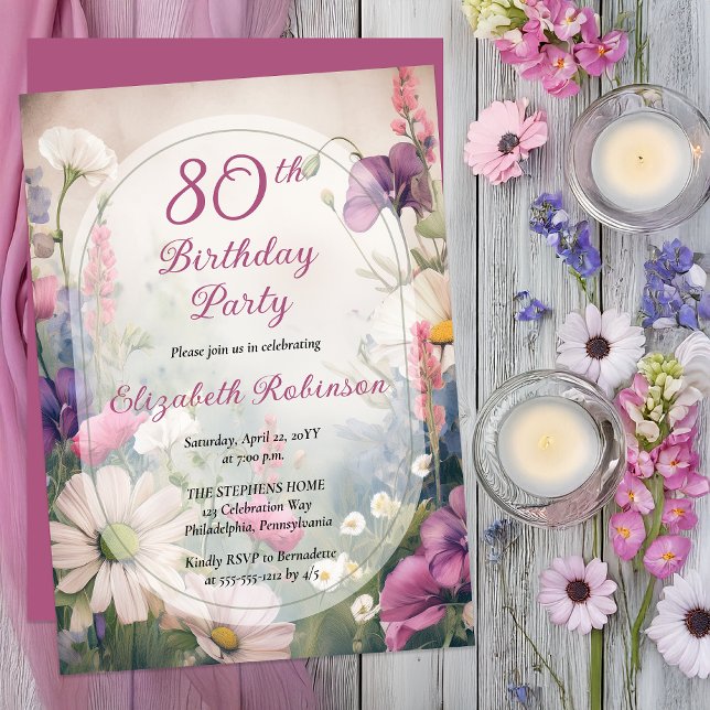 Invitation Mauve Élégant | Floral pour les 80 ans Multi (Elegant Floral 80th Milestone Birthday | Romantic Botanical Garden Party Invitation -Print | Digital)