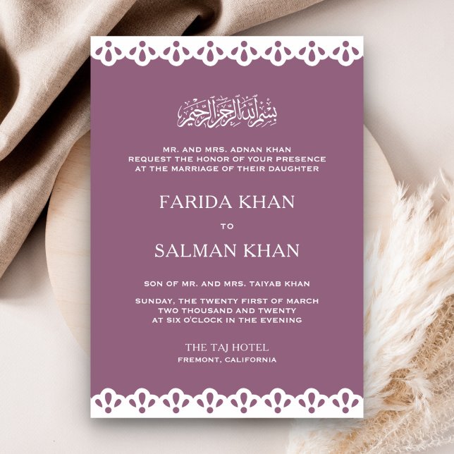 Invitation Mauve et blanc dentelle islamique Mariage musulman (Créateur téléchargé)