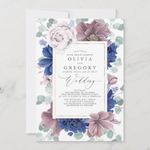 Invitation Mauve et Navy Fleurs Bleues Mariage élégant
