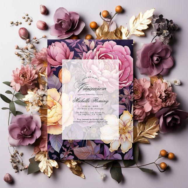 Invitation Mauve et or Floral Quinceañera (Créateur téléchargé)
