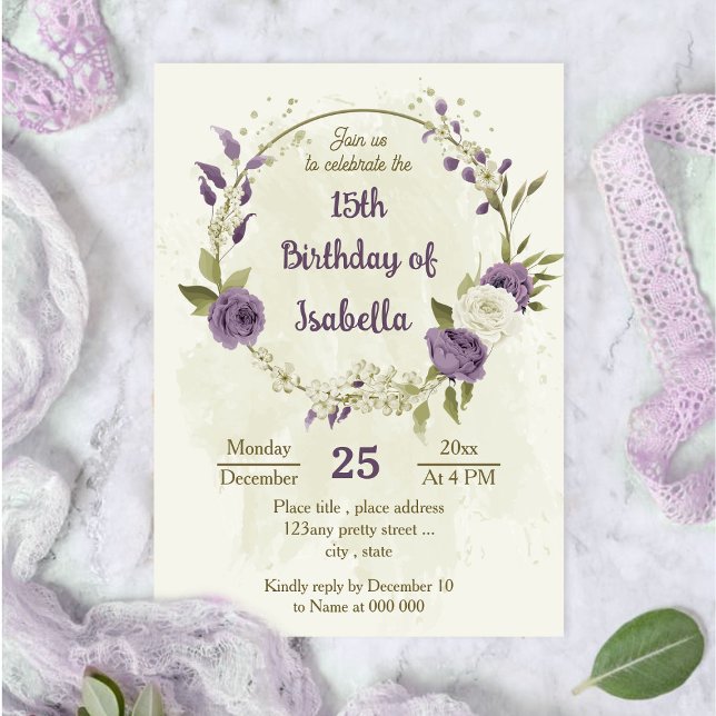 Invitation mauve fleurs blanches verdure anniversaire (Créateur téléchargé)