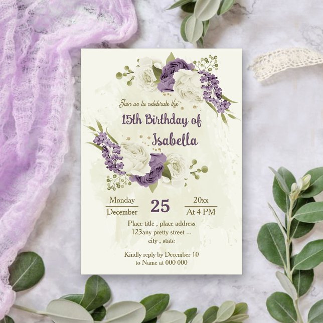 Invitation mauve fleurs blanches verdure anniversaire (Créateur téléchargé)