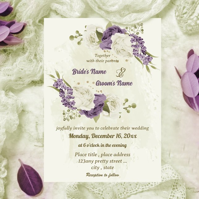 Invitation mauve fleurs blanches verdure mariage (Créateur téléchargé)