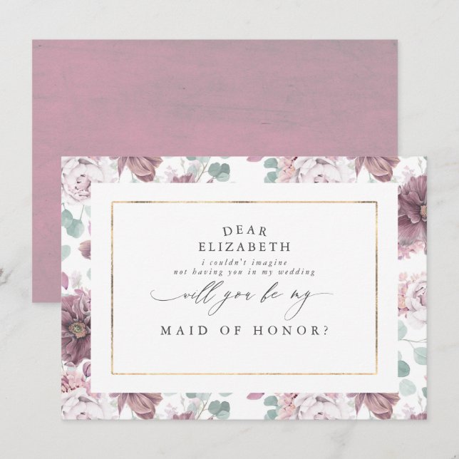 Invitation Mauve Floral Bridesmaid Maid of Honor Proposition (Devant / Derrière)