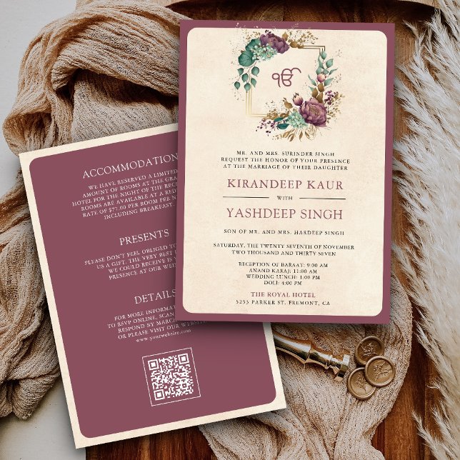 Invitation Mauve Floral QR Code Anand Karaj Sikh Mariage (Créateur téléchargé)