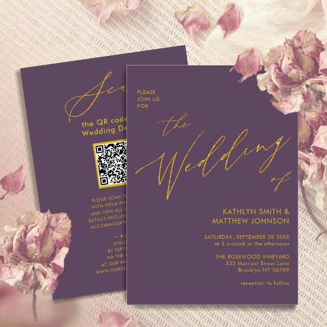 Invitation Mauve Gold QR Code Tout en un mariage élégant (Créateur téléchargé)