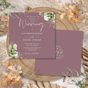 Invitation Mauve Green Floral Monogram Carré Mariage