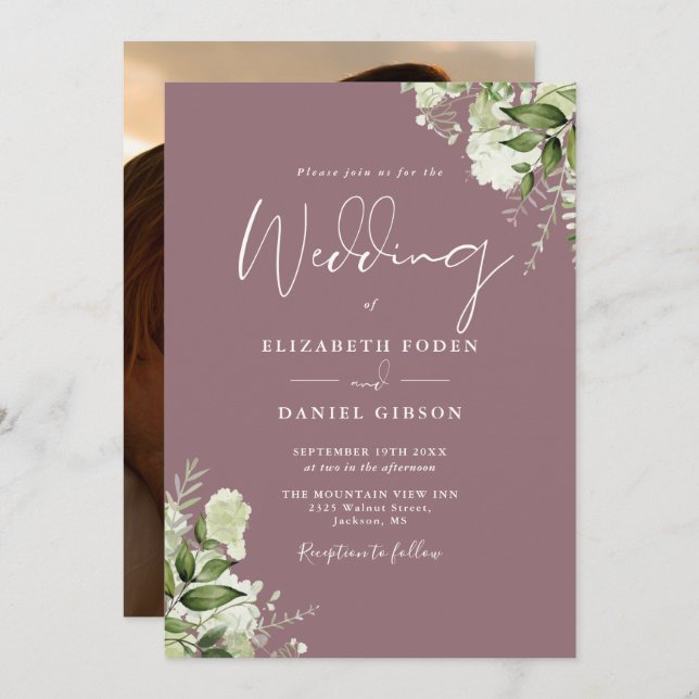 Invitation Mauve Greenery Floral Élégant Mariage photo (Devant / Derrière)