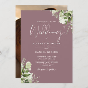 Invitation Mauve Greenery Floral Élégant Mariage photo