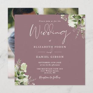 Invitation Mauve Greenery Floral Photo Carré Mariage