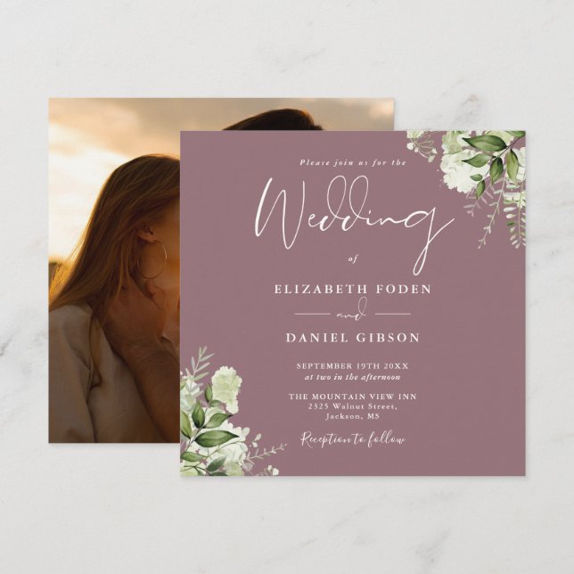 Invitation Mauve Greenery Floral Photo Carré Mariage (Devant / Derrière)