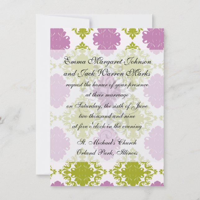 Invitation mauve lavande chaux vert diamant blanc damassé (Devant)